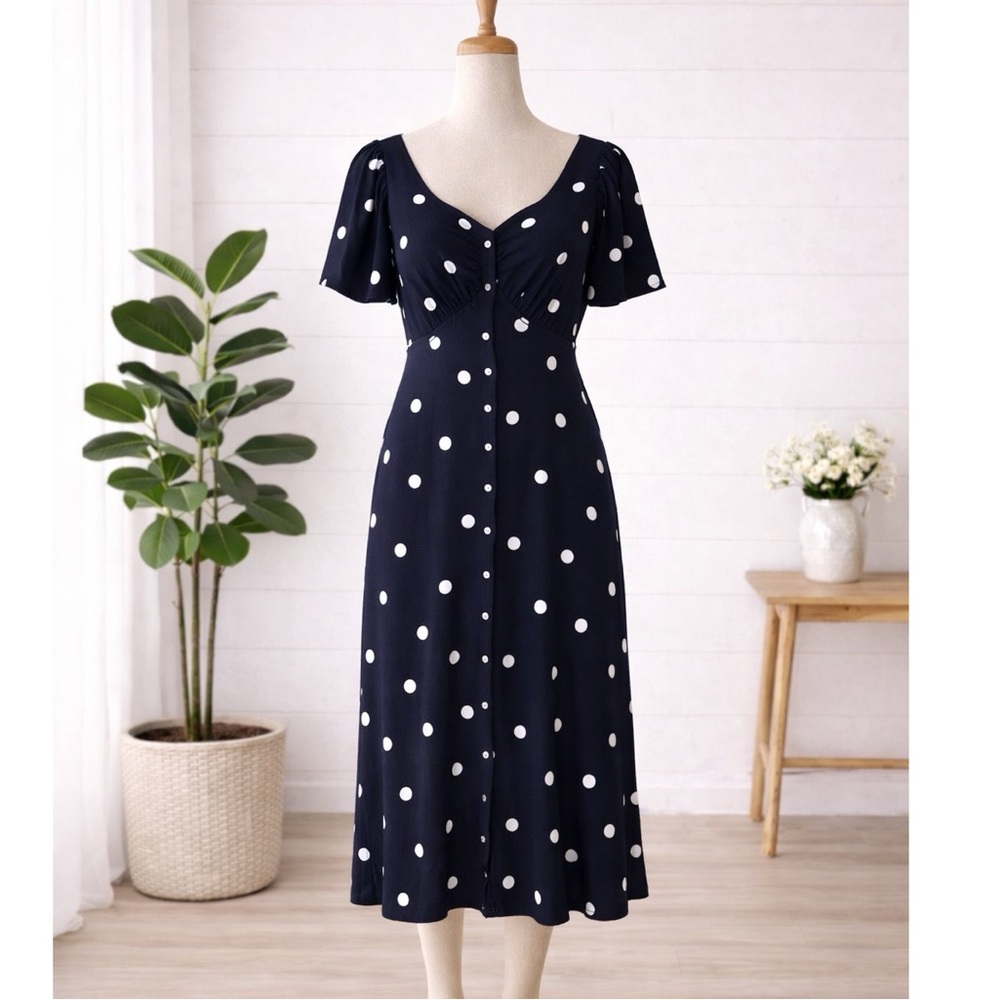 Old Navy Waist-Defined Midi Dress - Navy Polka Dot
